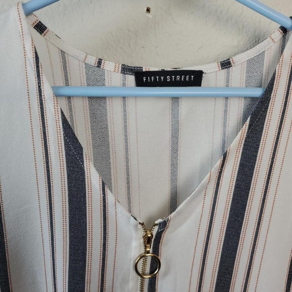 Fifty Street Striped V-Neck Gold Zipper Blouse
